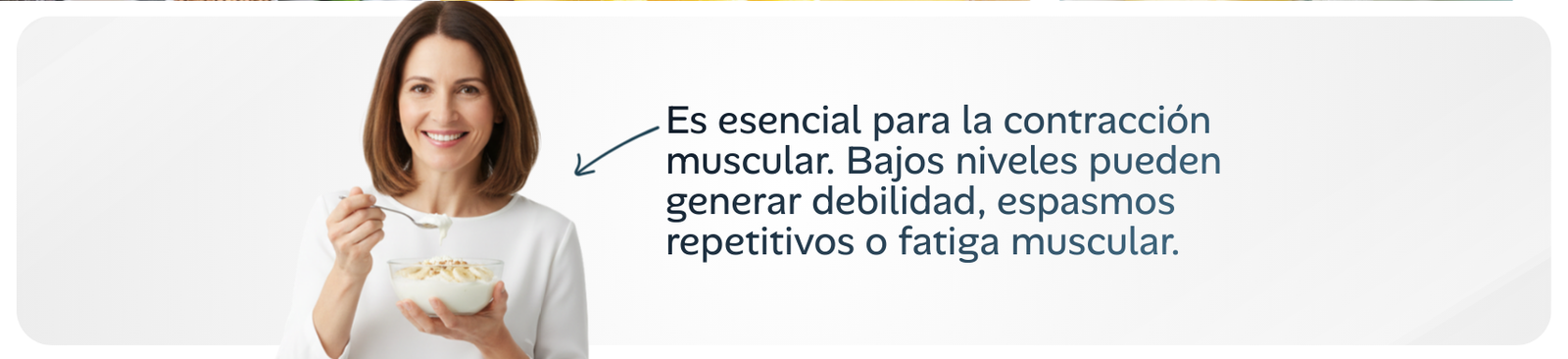 Es esencial para la contracción muscular. Bajos niveles pueden generar debilidad, espasmos repetitivos o fatiga muscular.